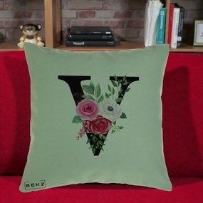 Cadou Personalizat - Perna Personalizata Monograma Florala Litera V cu Buchet, 40x40 cm, Verde, Husa Detasabila, Perna Inclusa, BEKZ®