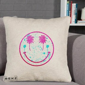 Perna Decorativa Smiley Face Tropical Glitter Roz, 40x40 cm, Bej Canapea, Husa Detasabila, Perna Inclusa, BEKZ®