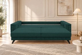 Canapea extensibilă Rosalia din stofă, verde, picioare negre, cu ladă de depozitare