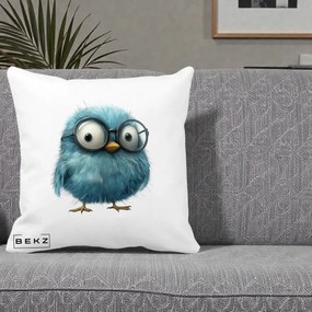 Perna Decorativa Pui Pufos Teal cu Ochelari, 40x40 cm, Alba Mata, Husa Detasabila, Perna Inclusa, BEKZ®