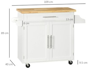 Carucior de bucatarie cu sertar și dulap, 4 roti din care 2 cu frana, lemn, 109x40x89cm, alb HOMCOM | Aosom RO