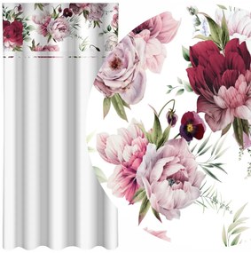 Draperie albă simplă cu imprimare de bujori roz și burgundia Lățime: 160 cm | Lungime: 250 cm