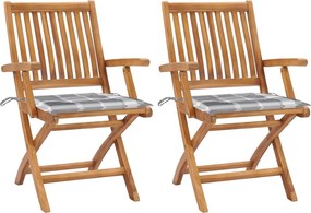 vidaXL Scaune grădină, perne gri model carouri, 2 buc., lemn masiv tec