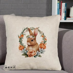 Perna Decorativa Iepuras Floral Coronita Acuarela, 40x40 cm, Bej Canapea, Husa Detasabila, Perna Inclusa, BEKZ®