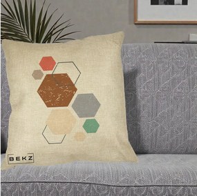 Perna Decorativa Geometric Hexagoane Multicolor, 40x40 cm, Crem, Husa Detasabila, Perna Inclusa, BEKZ®