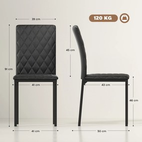 HOMCOM Set de 4 Scaune din Piele Ecologică cu Cusături Romboidale și Picioare din Oțel, 41x50x91 cm, Negru | Aosom Romania