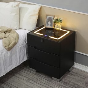 Noptieră inteligentă multifuncțională, 3 sertare, blocare cu amprentă, iluminare LED-uri Touch, 3 tipuri de culoare, încărcare fără fir, sticla securizata, Negru