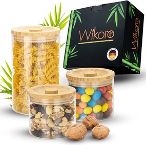 Set de 3 recipiente pentru alimente Wikoro, sticla/bambus, transparent/natur, 1000/500 ml
