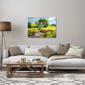 Tablou pe sticlă - Râu între câmpii, pictură în ulei (70x50 cm)