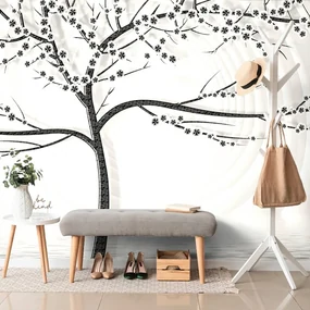 Tapet copac modern pe fundal abstract în alb-negru