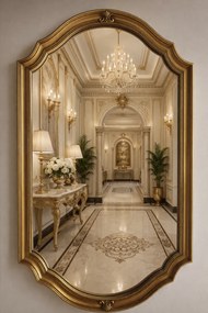 Oglindă decorativă de perete, ramă aurie antichizată, 60x90 cm