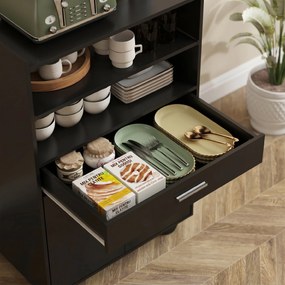 HOMCOM Dulap pentru Cuptorul cu Microunde cu Roți, Bufet de Bucătărie cu Sertar, Blat pentru Aparate, Dulap cu 2 Uși, Raft Retractabil și Raft Deschis, Cărucior de Bucătărie pentru Sufragerie, 59x40x92cm, Negru | Aosom Romania
