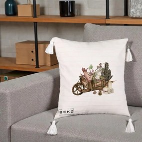 Perna Decorativa Roaba Rustica de Craciun, 40x40 cm, Bej cu Franjuri, Husa Detasabila, Perna Inclusa, BEKZ®