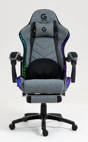 Scaun gaming, Masaj cu Role in perna lombara, Sistem iluminare banda LED RGB, Boxe Bluetooth, funcție șezlong, 90-155 grade, sezut benzi elastice sustinere, suport picioare, Textil, Gri/Negru