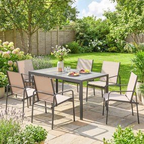 Outsunny Set masă și scaune pentru grădină cu masă cu efect lemn și 6 scaune cu șezut respirabil pentru terasă patio kaki | Aosom Romania