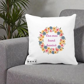 Cadou pentru Bunica - Perna Personalizata Cea Mai Buna Bunica Coronita Flori Multicolore, 40x40 cm, Alba Mata, Husa Detasabila, Perna Inclusa, BEKZ®