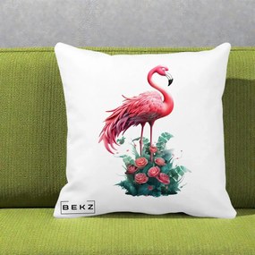 Perna Decorativa Flamingo cu Trandafiri Tropicali, 40x40 cm, Alba Mata, Husa Detasabila, Perna Inclusa, BEKZ®