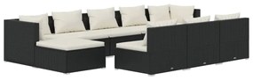 Set mobilier de gradina cu perne, 10 piese, negru, poliratan negru si crem, 2x colt + 6x mijloc + 2x suport pentru picioare, 1