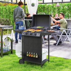 Outsunny Grătar pe Gaz cu Capac, Termometru, Masă Laterală și Tavă pentru Colectarea Grăsimii, 108x54x97 cm, Negru | Aosom Romania