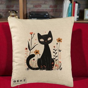 Perna Decorativa Pisica Neagra Flori Pastel Folk, 40x40 cm, Bej, Husa Detasabila, Perna Inclusa, BEKZ®