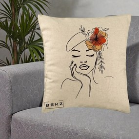 Perna Decorativa Portret Feminin Flori Palarie, 40x40 cm, Bej, Husa Detasabila, Perna Inclusa, BEKZ®
