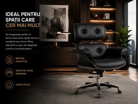 EXECUTIVE PRESTIGE – Scaun Directorial Ergonomic Premium, cu Piele PU, Furnir Negru, Bază din Aluminiu, Reglaj pe Înălțime și Funcție de Înclinare, Negru