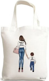 Sacosa de Panza pentru Cumparaturi, Geanta Tote, model Mother of a prince, 38x34.5 cm, Alba, BEKZ®