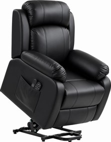 Fotoliu rabatabil HOMCOM cu funcții de masaj și încălzire, cu sistem electric de ridicare, tetieră reglabilă și port USB, din piele ecologică (PU), negru | Aosom Romania