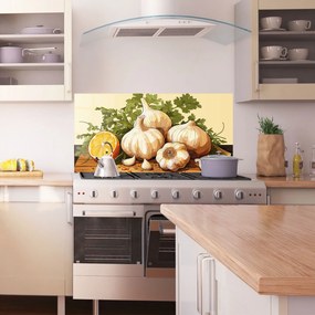 Panou Sticla Bucatarie, 60x150cm, Protectie aragaz, Antistropi, Termorezistent, Alimente, Condimente, Garlic Lemon