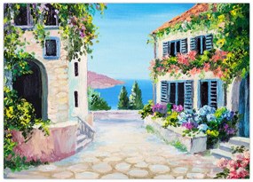 Tablou pe sticlă - Alee grecească, pictură în ulei (70x50 cm)