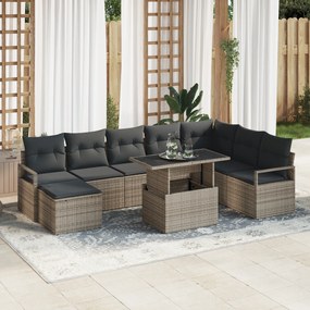 vidaXL Set de canapea de grădină, 9 piese, cu perne gri, din rattan sintetic