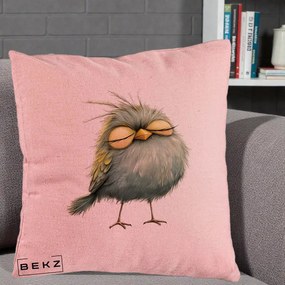 Perna Decorativa Pasare Teal Adormita cu Ochi Galbeni, 40x40 cm, Roz, Husa Detasabila, Perna Inclusa, BEKZ®