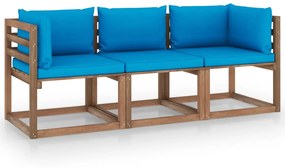 Canapea de gradina paleti, 3 locuri, perne albastru, lemn pin Albastru deschis, Canapea cu 3 locuri, 1