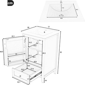 Dulap de baie cu chiuvetă, sertar silențios, raft reglabil, 51x46x85 cm, Alb