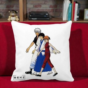 Perna Personalizata Gintama Trio Gintoki Shinpachi Kagura, 40x40 cm, Alba Mata, Husa Detasabila, Perna Inclusa, BEKZ®