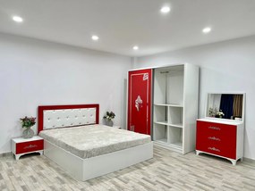 Dormitor Milano, culoare alb / rosu, cu pat tapitat 160 x 200 cm, dulap cu 2 usi, comoda cu oglinda, 2 noptiere