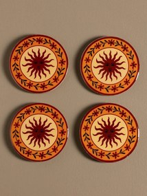 Suporturi de pahare din lemn de mango, set 4 bucăți, rotunde, cu soare și flori pictate, 10 cm, „Hélios”