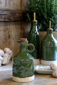 Olivieră din ceramică antichizată verde, pentru ulei, cu dop de plută, 15,5×8 cm, „Mireille"