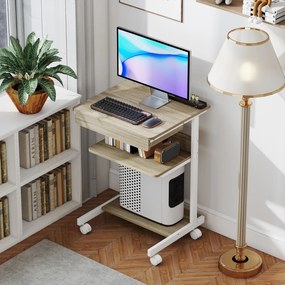 HOMCOM Birou de calculator pe roti, birou cu depozitare 56 x 51 cm cu sertar, compartiment si suport CPU, stejar | Aosom Romania
