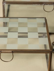 Set 3 cutii decorative din sticlă transparentă și metal auriu, capac cu balama și model în carouri mate, mâner inel, finisaj antichizat, 11 x 25 x 20