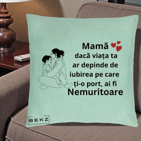 Cadou pentru Mama - Perna Personalizata Mama Nemuritoare Kawaii, 40x40 cm, Verde Menta, Husa Detasabila, Perna Inclusa, BEKZ®