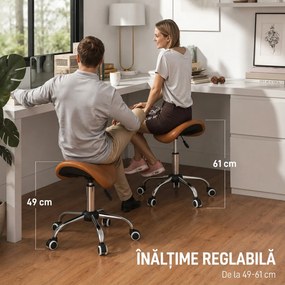 HOMCOM Scaun de Lucru Tip Șa cu Roți și Înălțime Reglabilă pentru Saloane de Coafură și Studiouri de Tatuaje, 52x53x49-61 cm, Maro | Aosom Romania