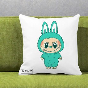 Perna Personalizata Labubu Turcoaz, 40x40 cm, Alba Mata, Husa Detasabila, Perna Inclusa, BEKZ®