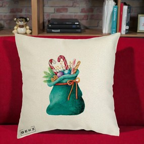Perna Decorativa Saculet Cadouri Mos Craciun Acuarela Verde, 40x40 cm, Ecru, Husa Detasabila, Perna Inclusa, BEKZ®
