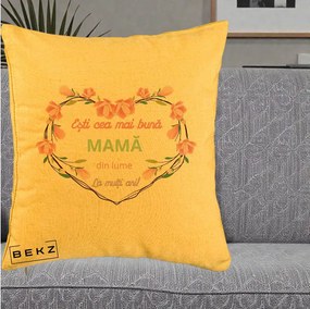 Cadou pentru Mama - Perna Personalizata Esti Cea mai Buna Mama din Lume La Multi Ani cu Inima Florala, 40x40 cm, Galben, Husa Detasabila, Perna Inclusa, BEKZ®