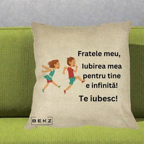 Cadou pentru Frate - Perna Personalizata Fratele Meu Te Iubesc Copii Alergand Colorat, 40x40 cm, Crem, Husa Detasabila, Perna Inclusa, BEKZ®
