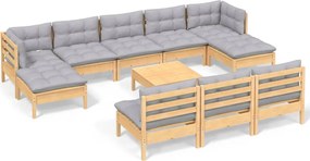 vidaXL Set mobilier grădină cu perne gri, 11 piese, lemn de pin