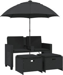 vidaXL Canapea de grădină cu 2 locuri/umbrelă/taburete negru poliratan