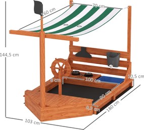 Outsunny Cutie de nisip cu copertină Corabie de pirați, incl. set de bucătărie pentru copii, lemn masiv, 180 x 103 x 144,5 cm, Verde | Aosom Romania