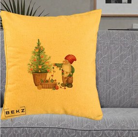 Perna Decorativa Pitic de Craciun cu Brad, 40x40 cm, Galben, Husa Detasabila, Perna Inclusa, BEKZ®